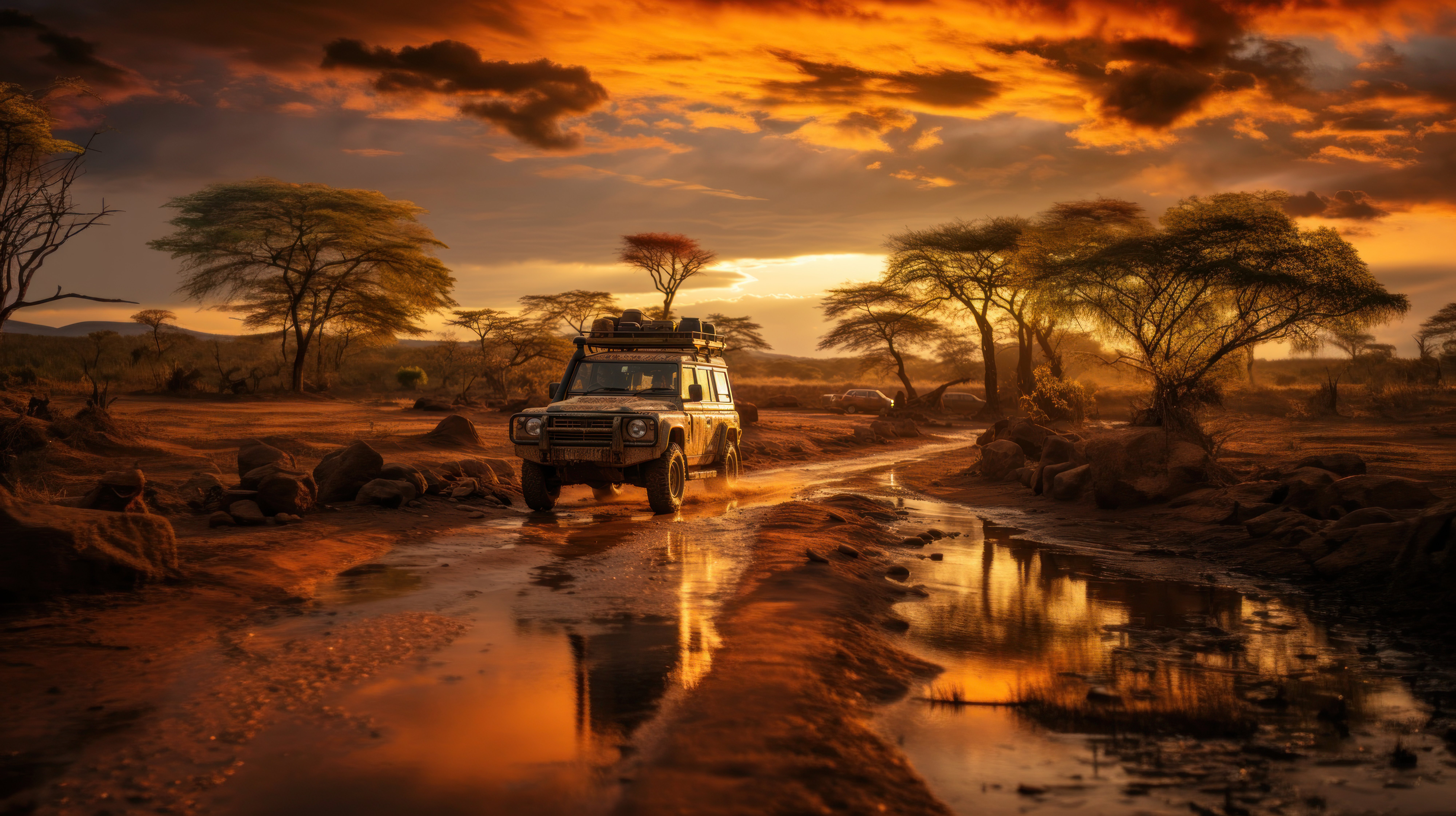 Expedition vehicle parked at dusk with elephants on the plains