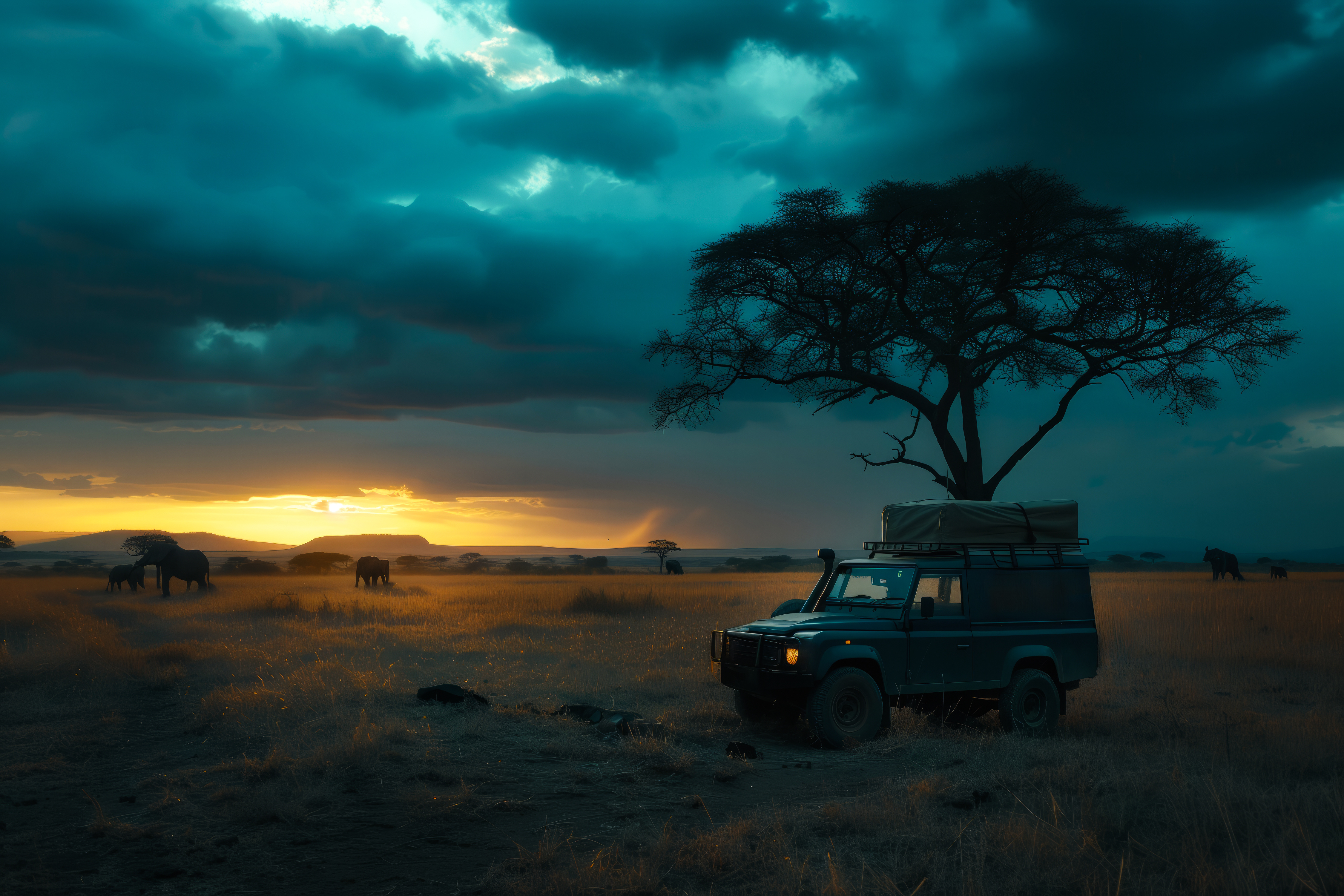 Expedition 4x4 crossing a track at sunset in the African bush